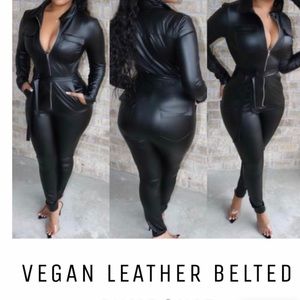 One piece vegan leather belted jumpsuit